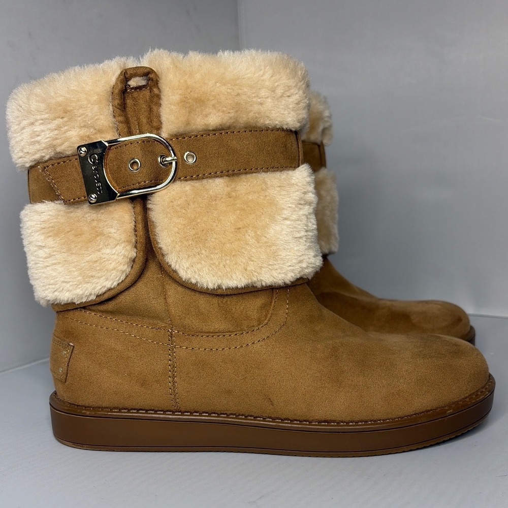 G by GUESS Womens Tan Faux Suede Fur Lined Buckle Winter Boots Size 8M